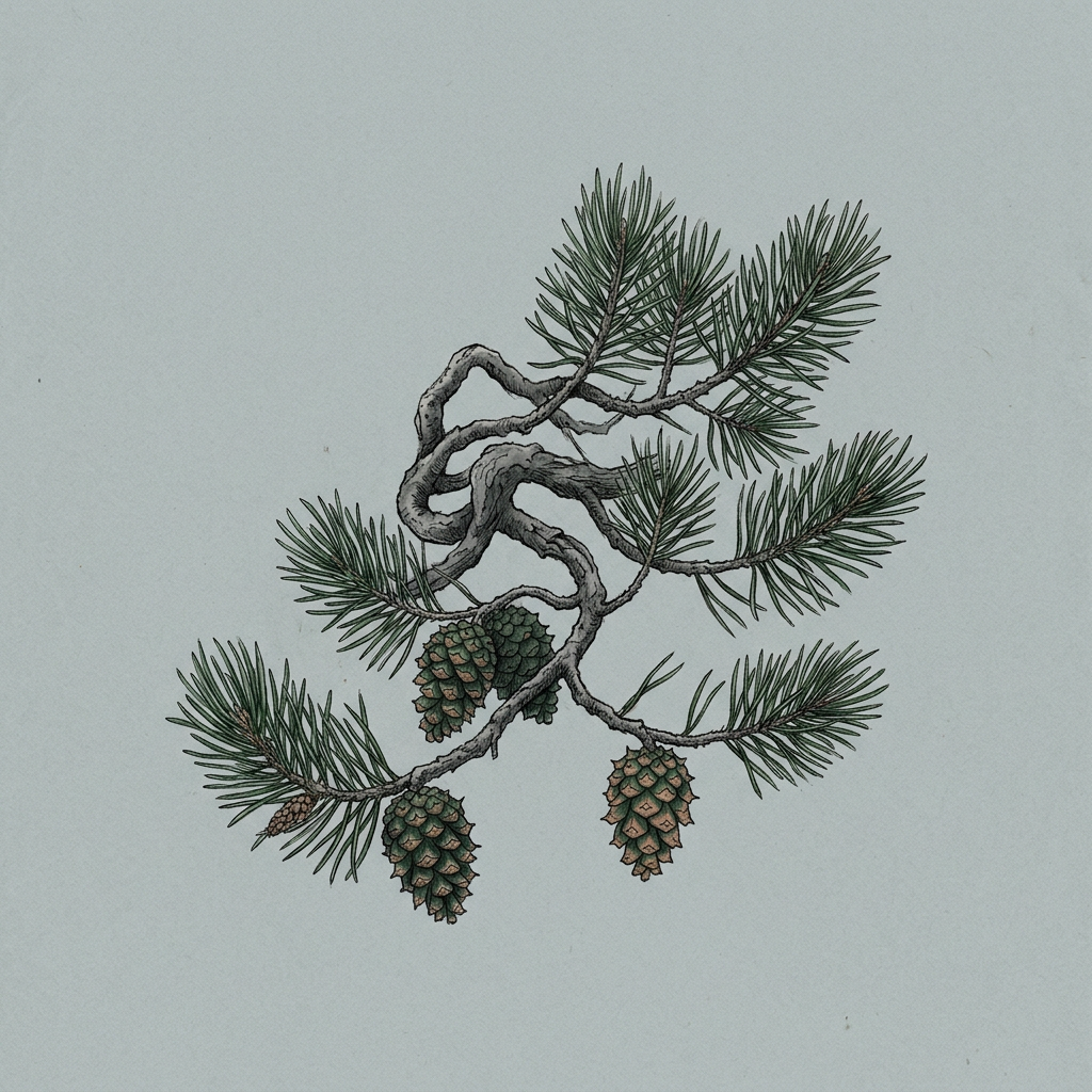 Illustration of Shore Pine foliage and cones
